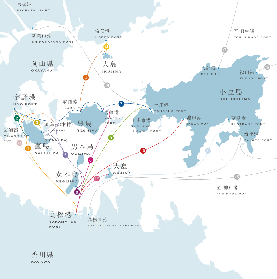 Mapa de barcos da região de Setouchi
